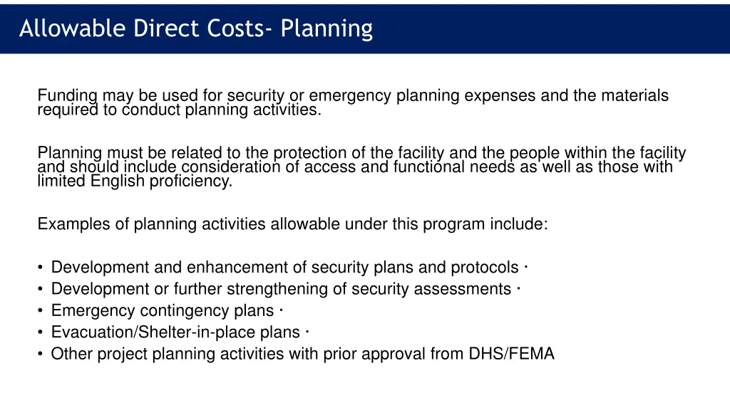 allowable direct costs planning