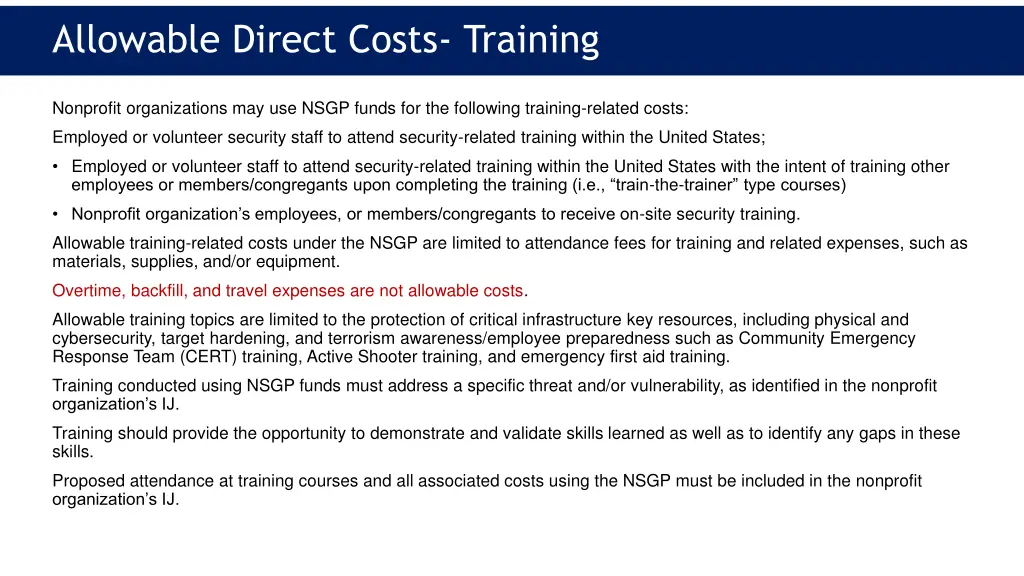 allowable direct costs training