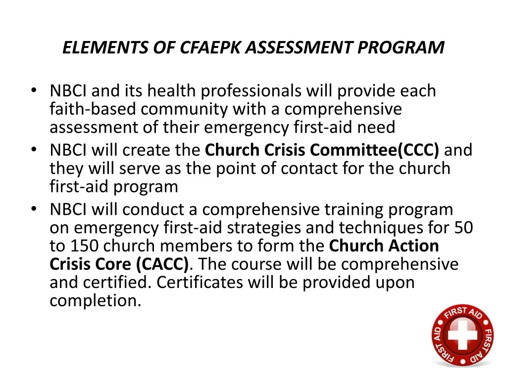 elements of cfaepk assessment program