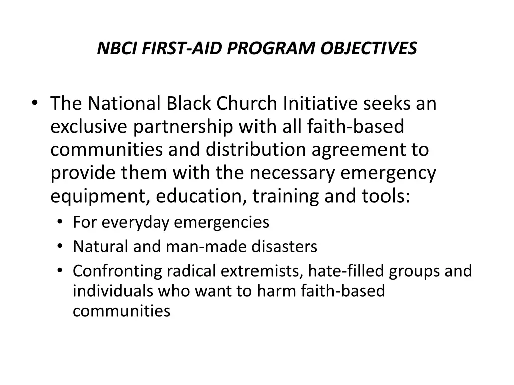 nbci first aid program objectives