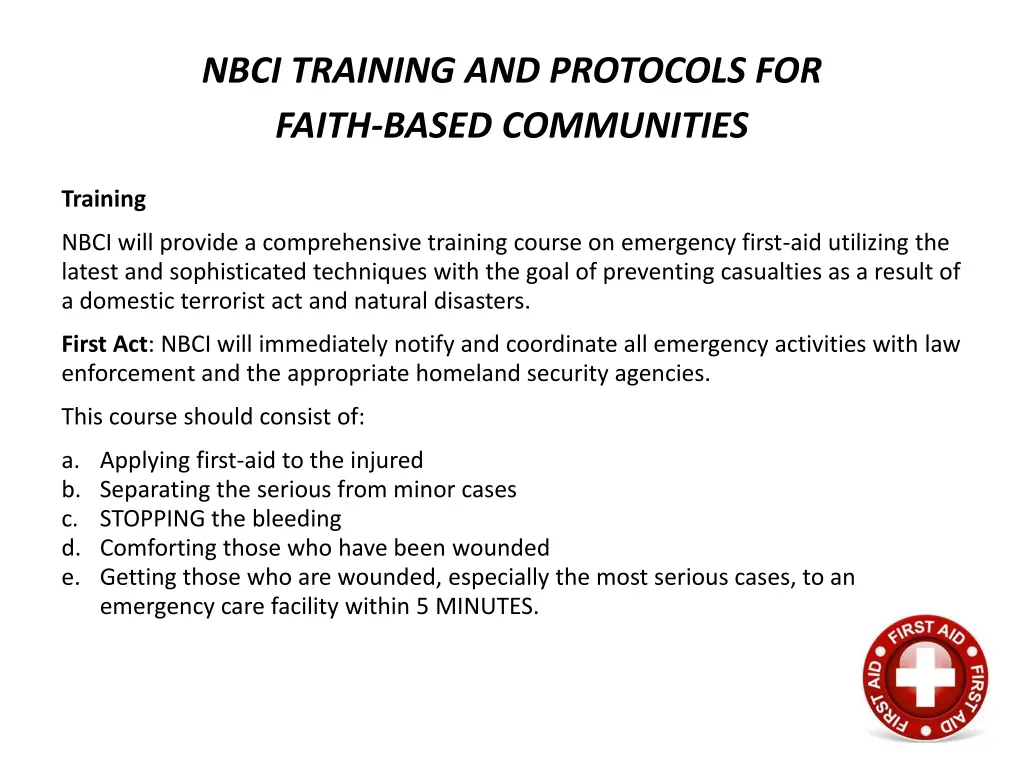 nbci training and protocols for faith based