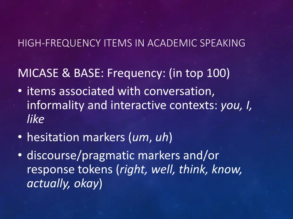 high frequency items in academic speaking