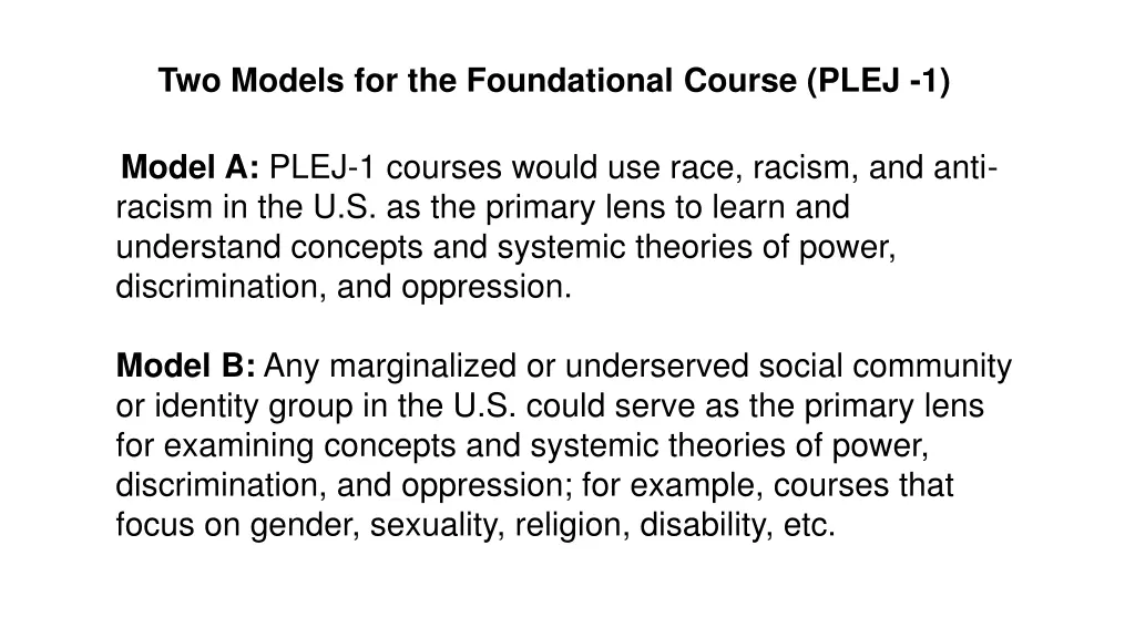 two models for the foundational course plej 1