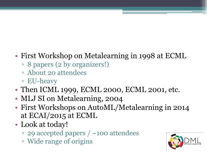 first workshop on metalearning in 1998 at ecml