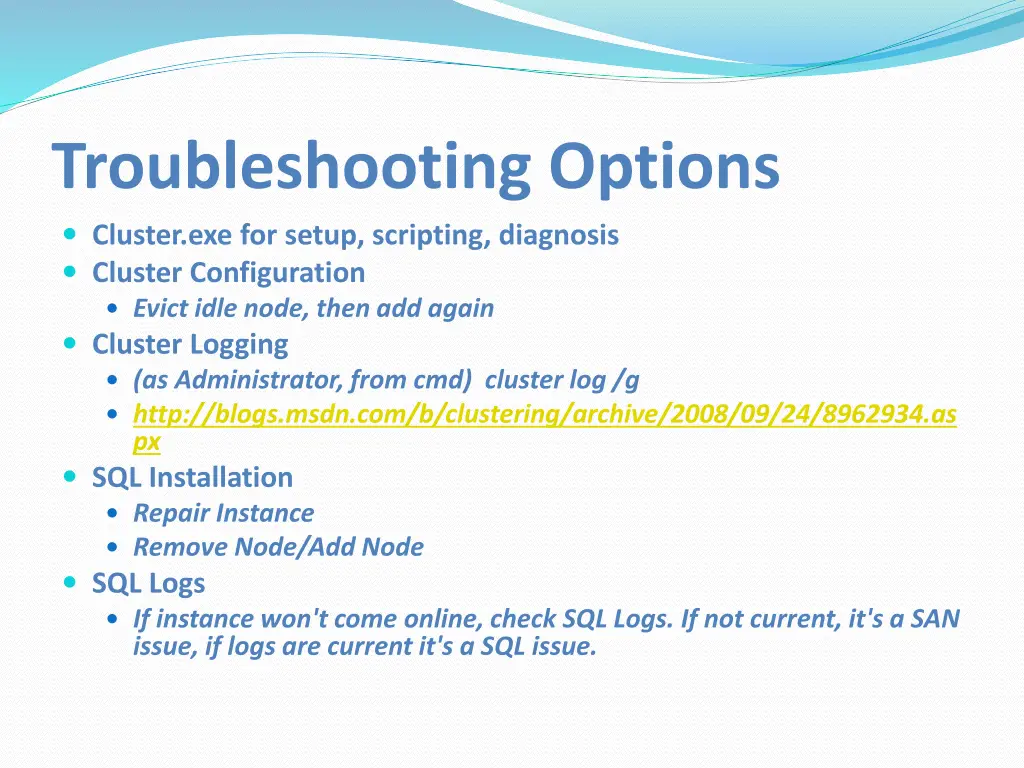 troubleshooting options cluster exe for setup