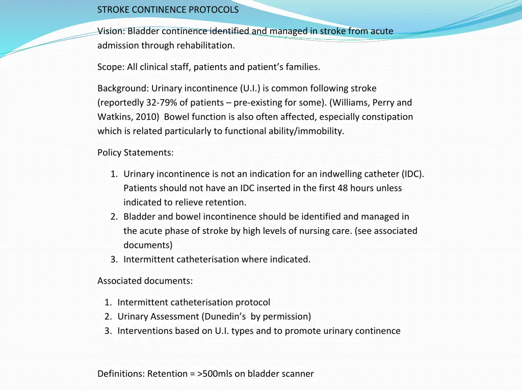 stroke continence protocols