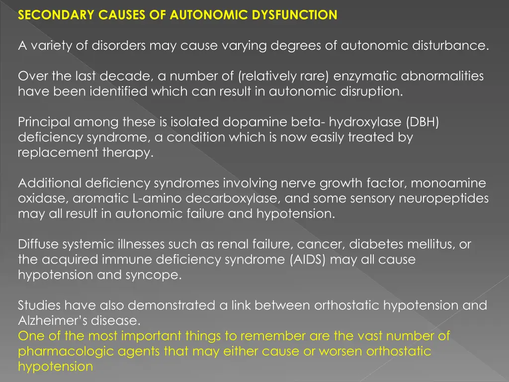 secondary causes of autonomic dysfunction