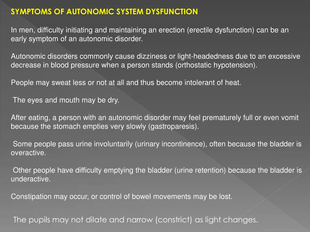 symptoms of autonomic system dysfunction