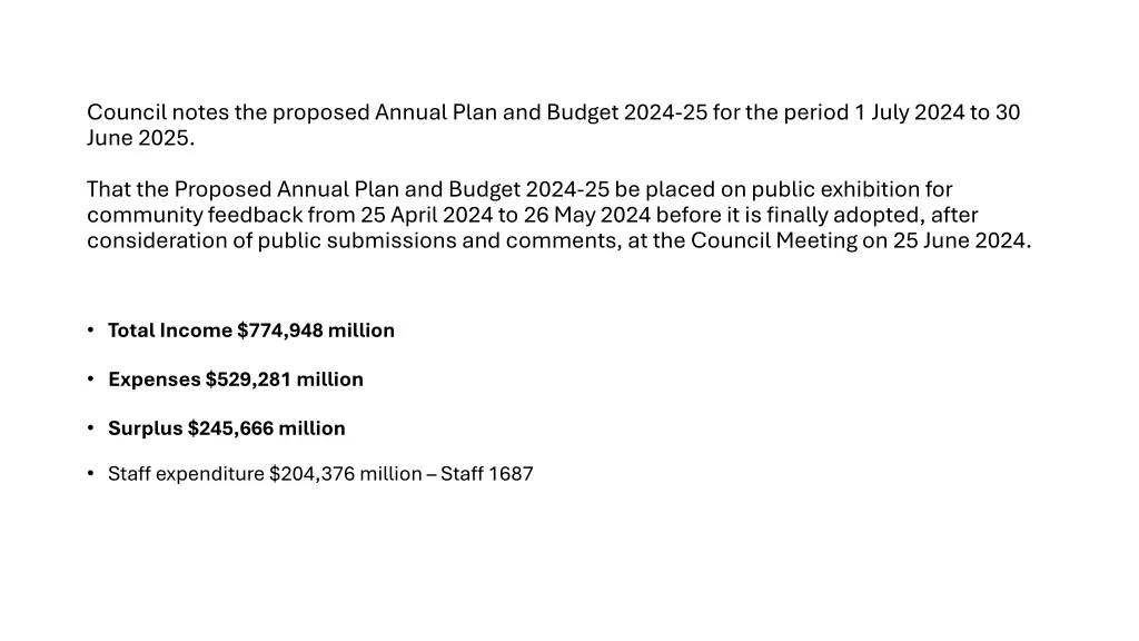 council notes the proposed annual plan and budget