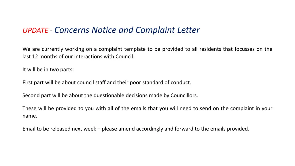 update concerns notice and complaint letter