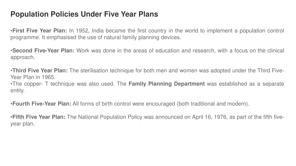 population policies under five year plans