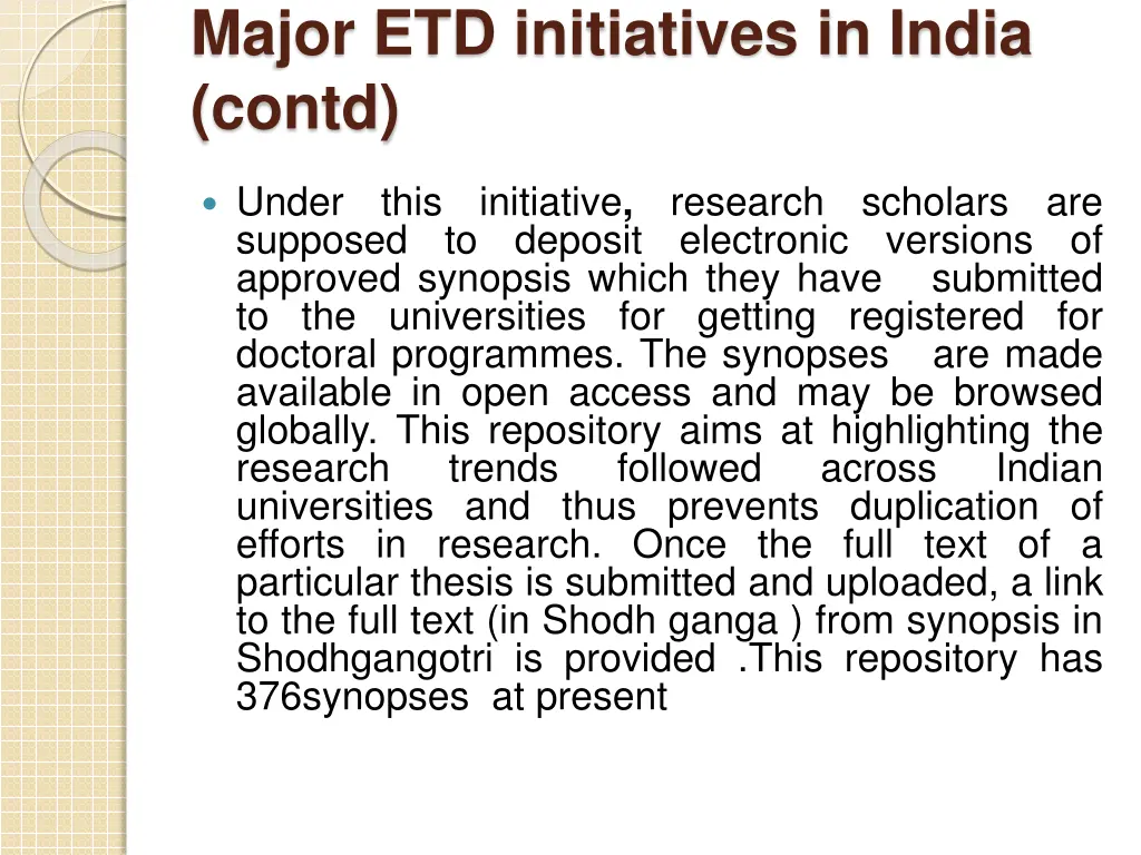 major etd initiatives in india contd 1