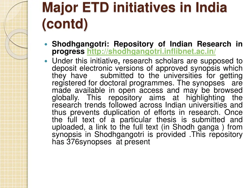 major etd initiatives in india contd