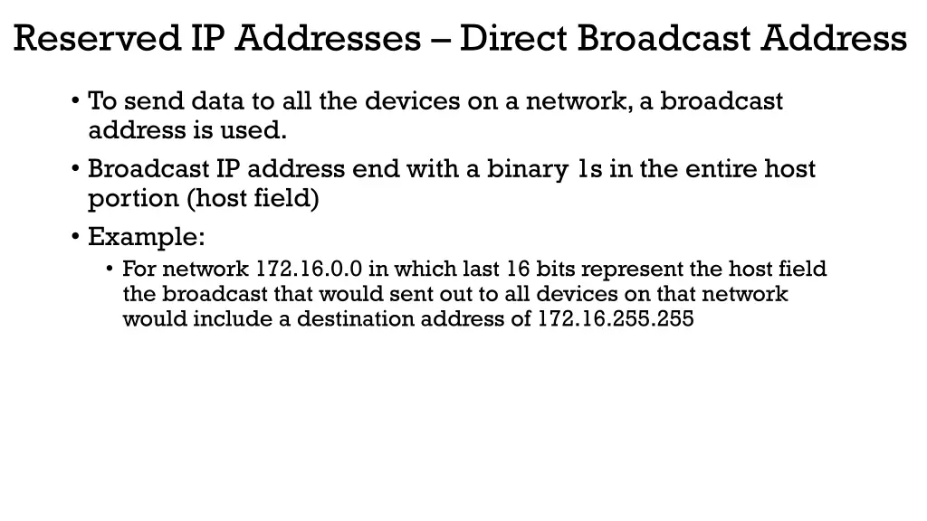 reserved ip addresses direct broadcast address