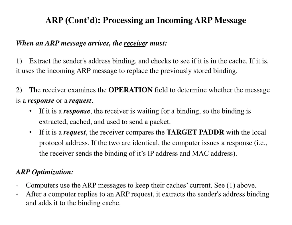 arp cont d processing an incoming arp message