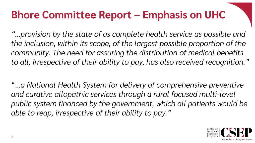 bhore committee report emphasis on uhc