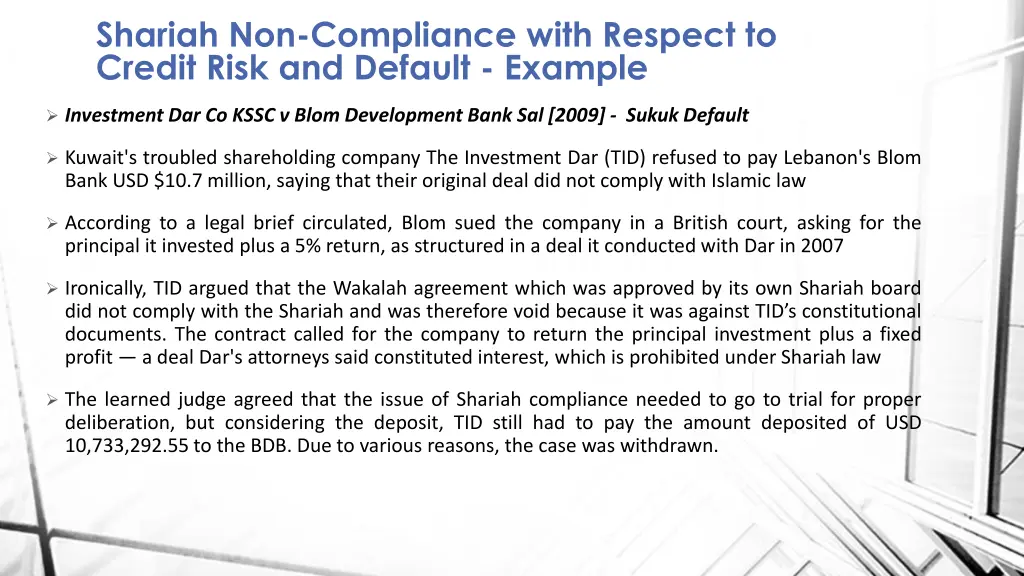 shariah non compliance with respect to credit