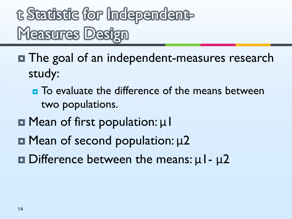 t statistic for independent measures design