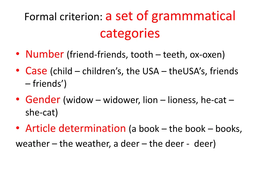 formal criterion a set of grammmatical categories