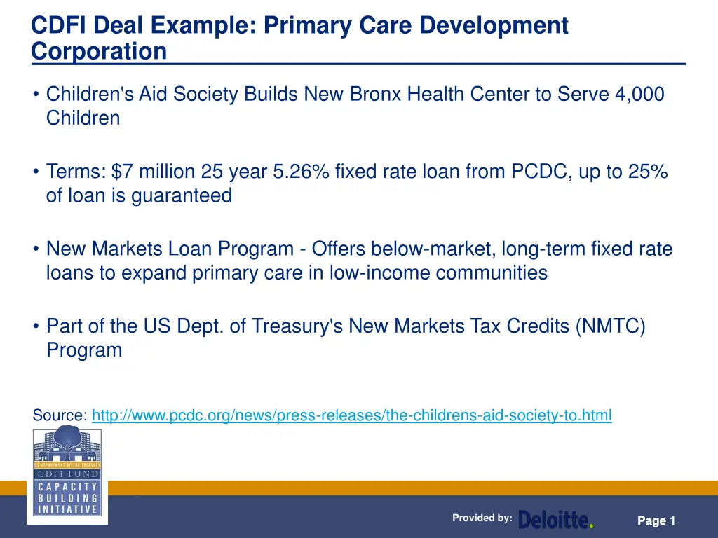 cdfi deal example primary care development