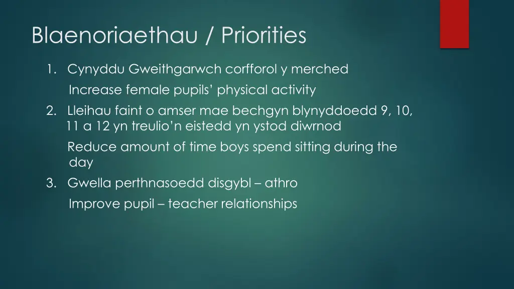 blaenoriaethau priorities