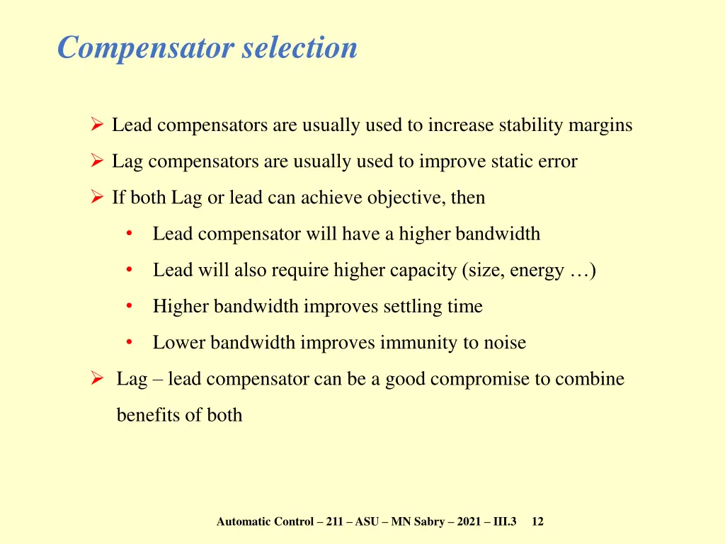 compensator selection