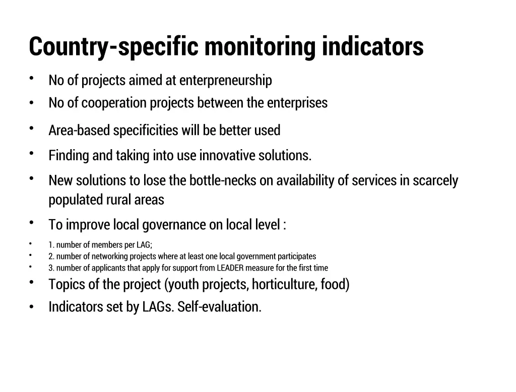 country specific monitoring indicators