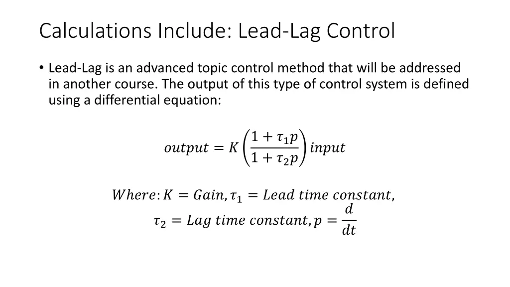 calculations include lead lag control