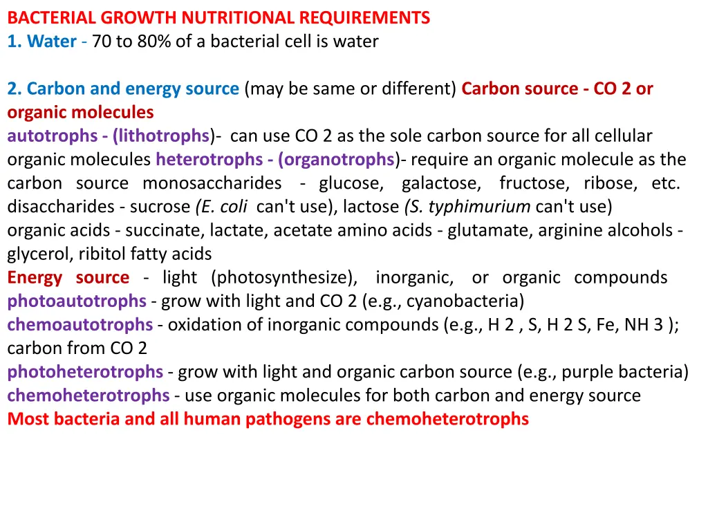 bacterial growth nutritional requirements 1 water