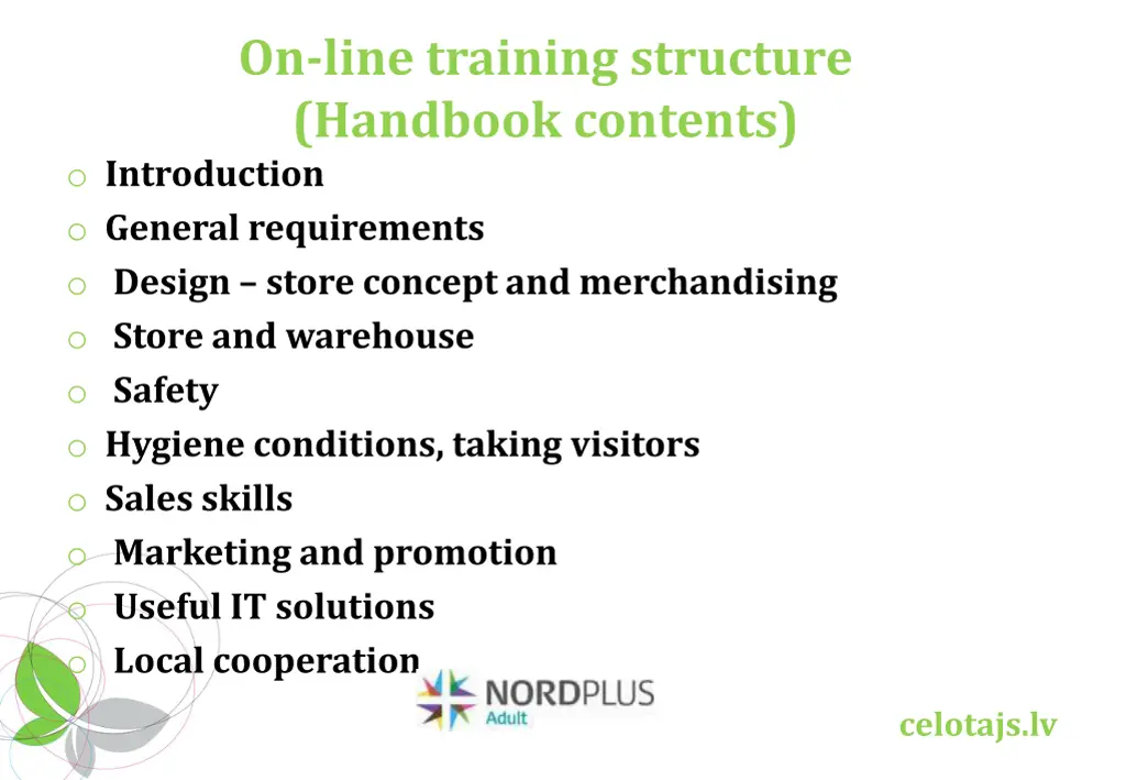 on line training structure handbook contents