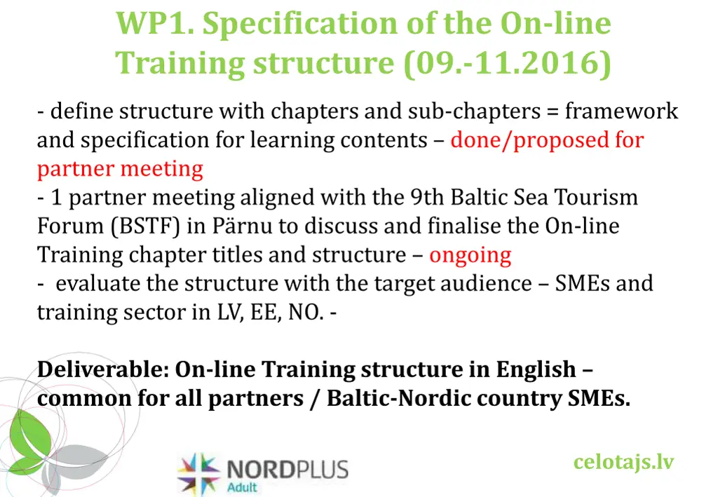 wp1 specification of the on line training