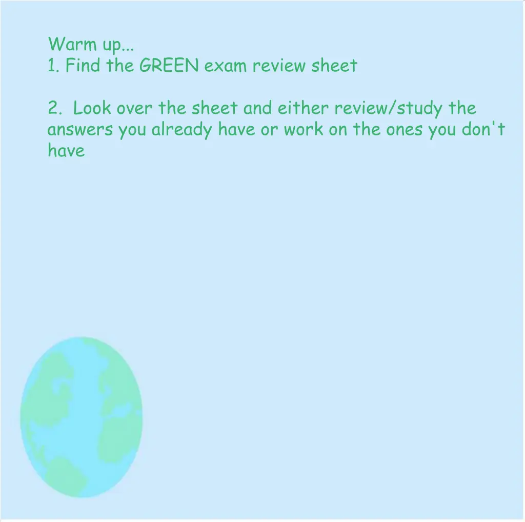 warm up 1 find the green exam review sheet