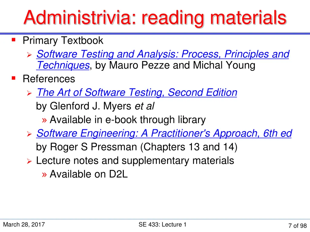 administrivia reading materials primary textbook