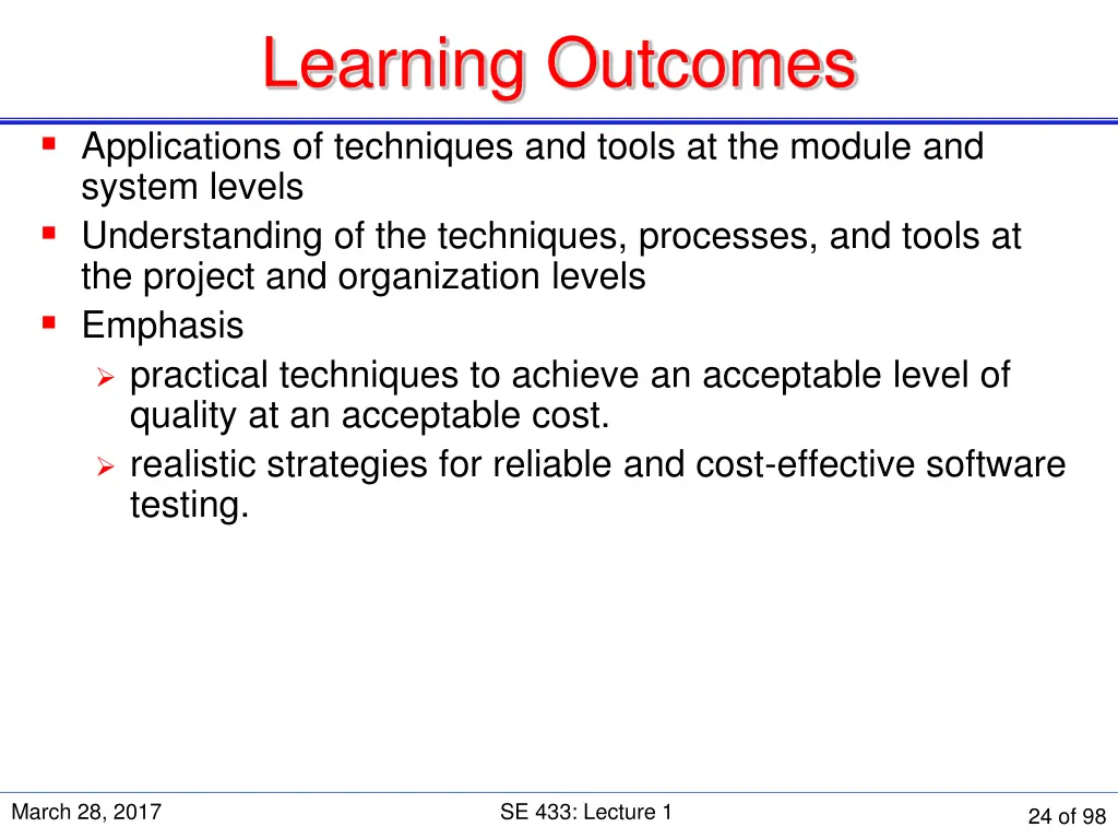 learning outcomes applications of techniques