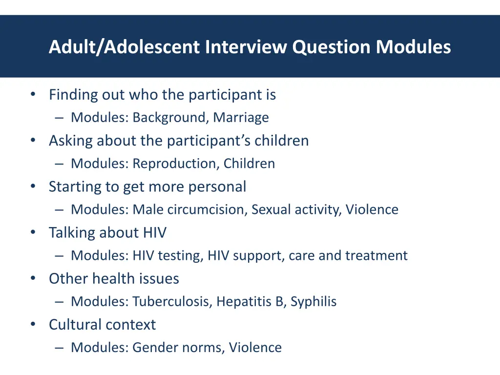 adult adolescent interview question modules