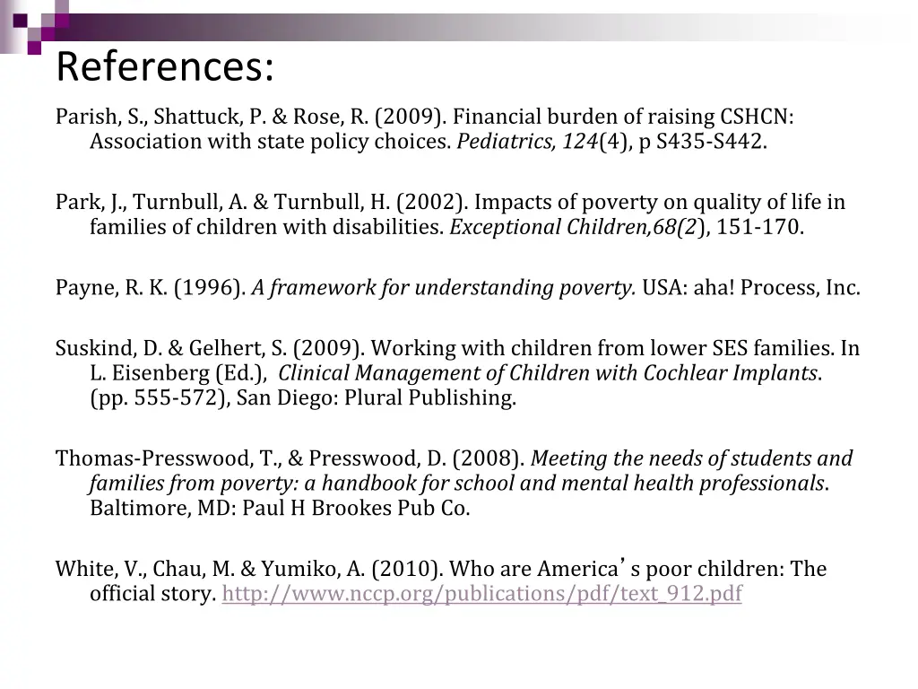 references parish s shattuck p rose r 2009