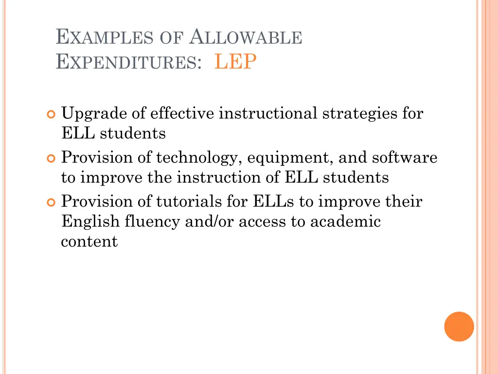 e xamples of a llowable e xpenditures lep 1