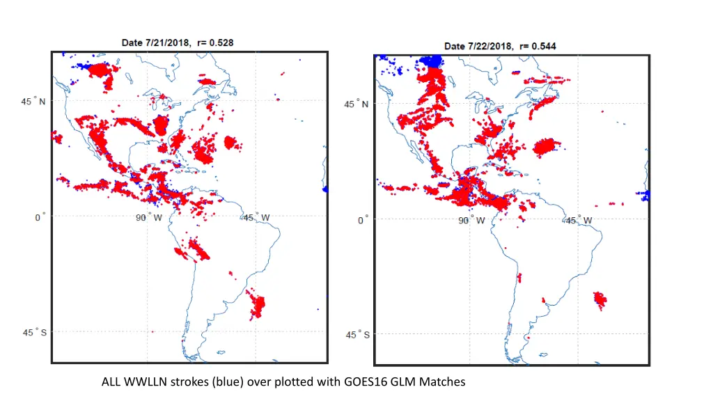 all wwlln strokes blue over plotted with goes16