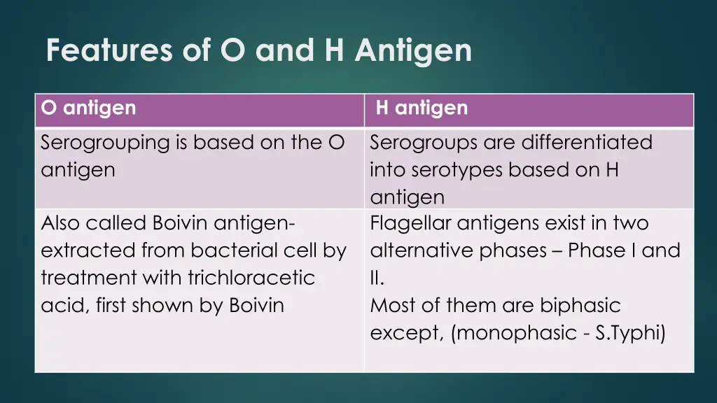 features of o and h antigen 1