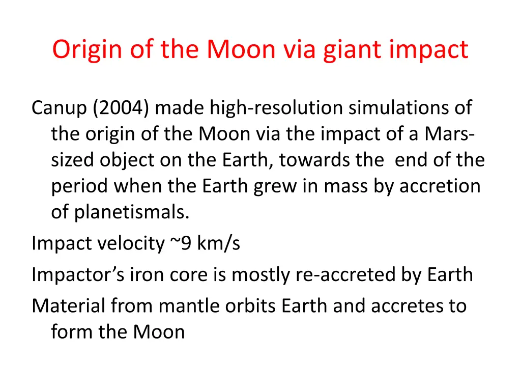 origin of the moon via giant impact