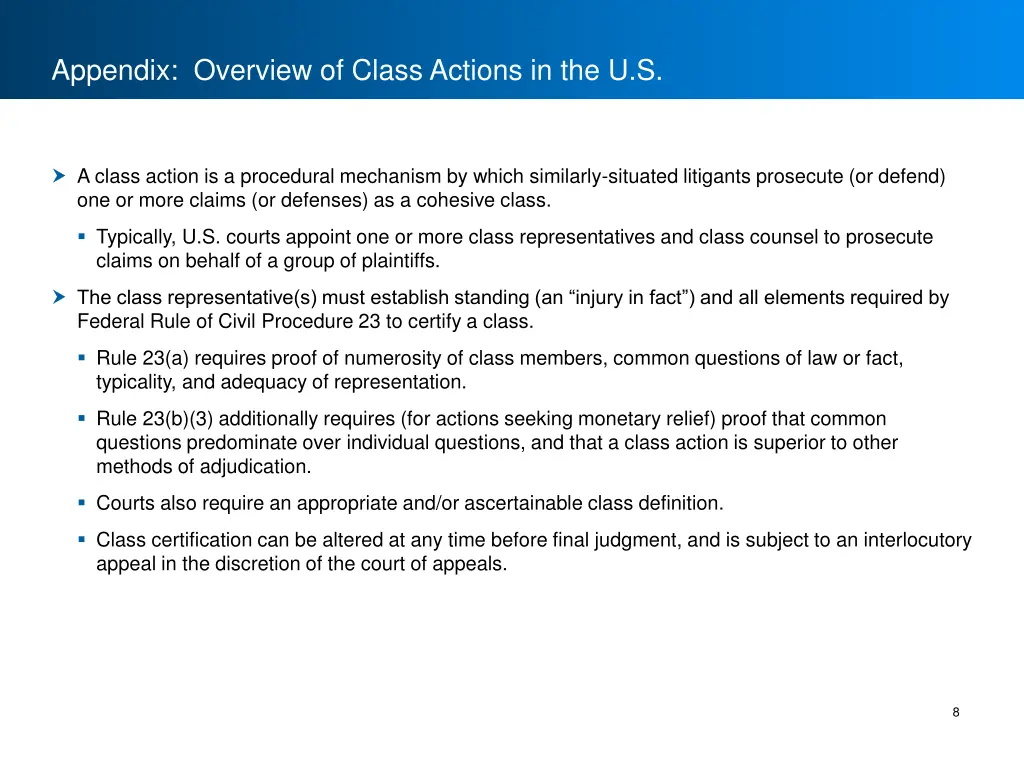 appendix overview of class actions in the u s