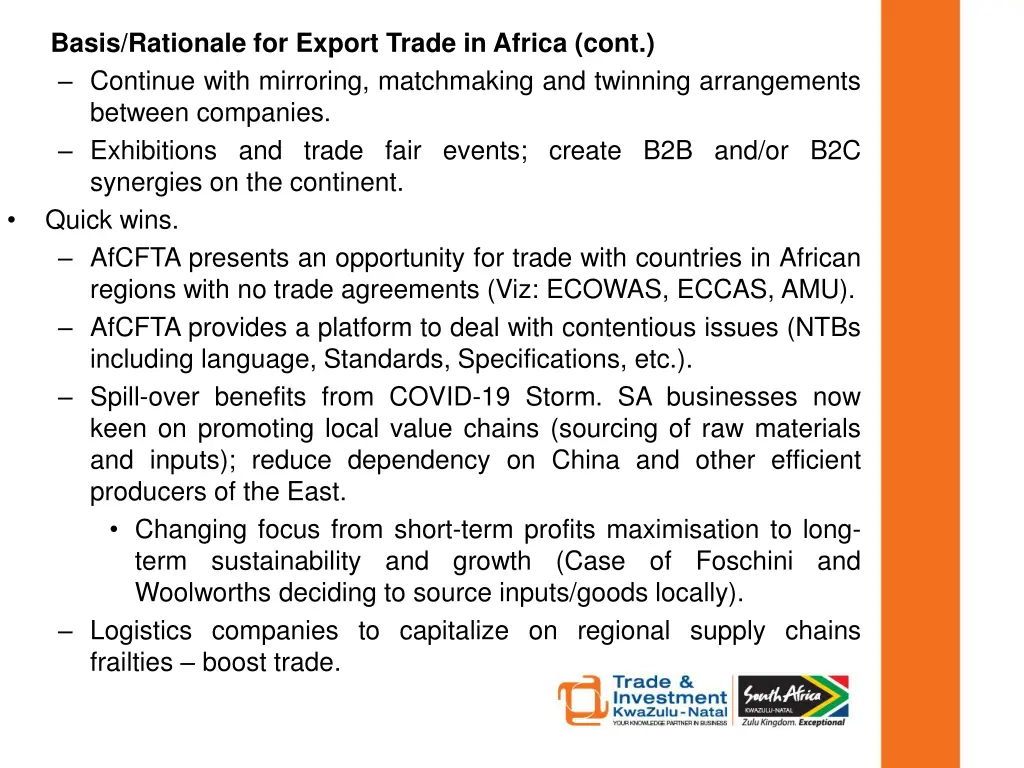 basis rationale for export trade in africa cont