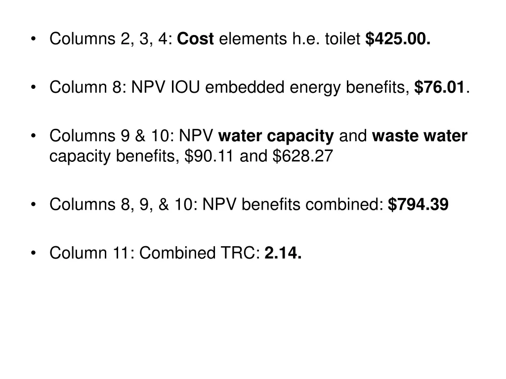 columns 2 3 4 cost elements h e toilet 425 00