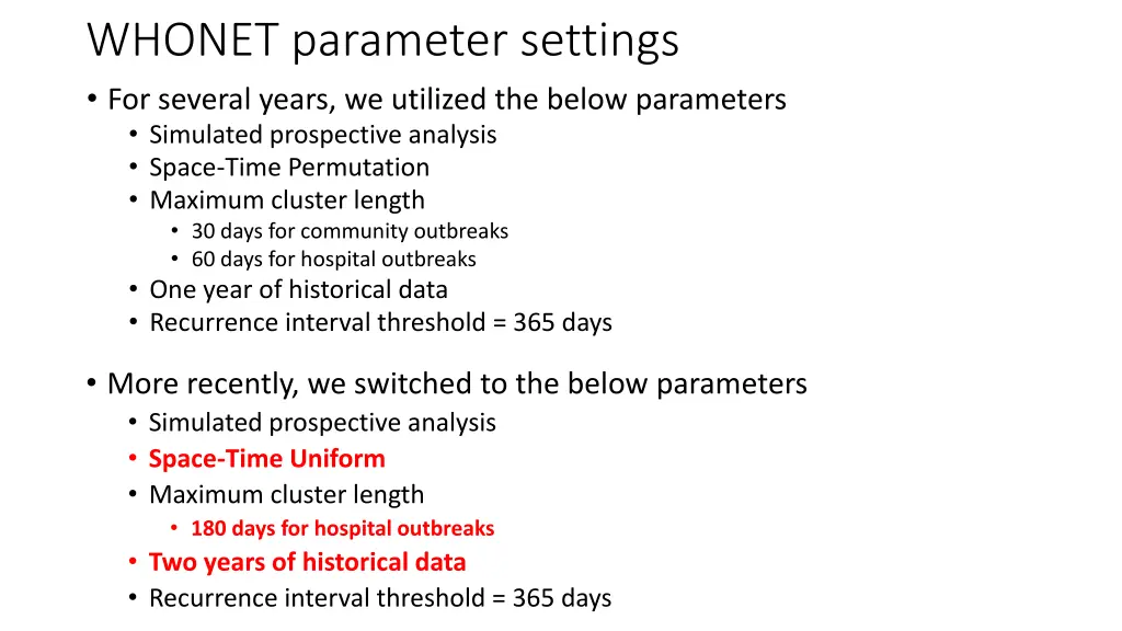 whonet parameter settings for several years