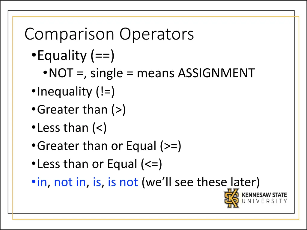 comparison operators equality not single means