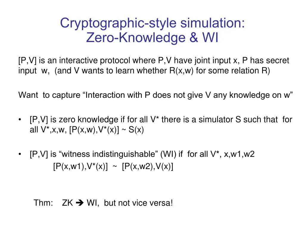 cryptographic style simulation zero knowledge wi