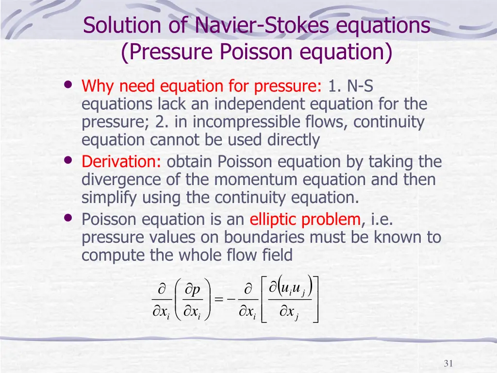 solution of navier stokes equations pressure