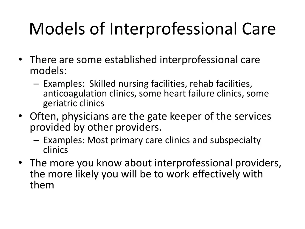 models of interprofessional care