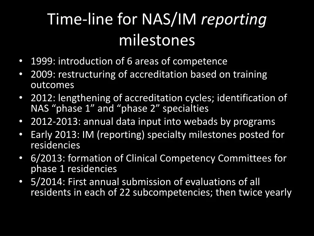 time line for nas im reporting milestones 1999