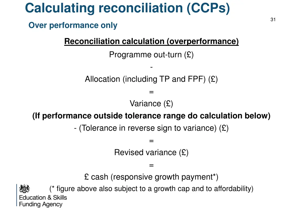 calculating reconciliation ccps over performance